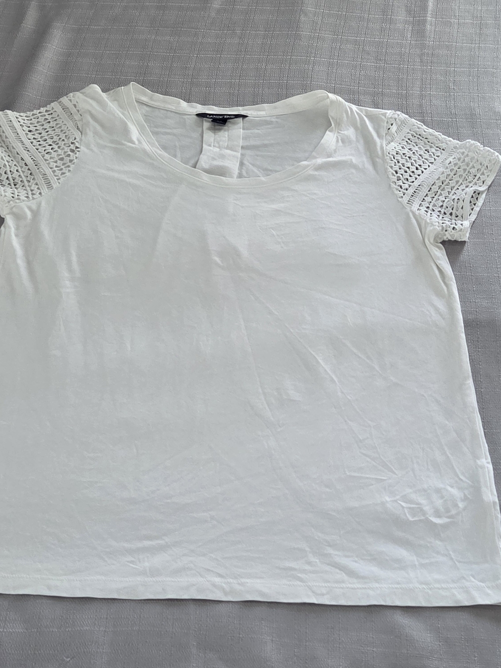 Lands' End White Tee with Crochet Short Sleeves